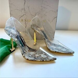 New! Jessica Rich "So Fancy" Snake Print Clear PVC Heels. Size 38 (USA 8)0